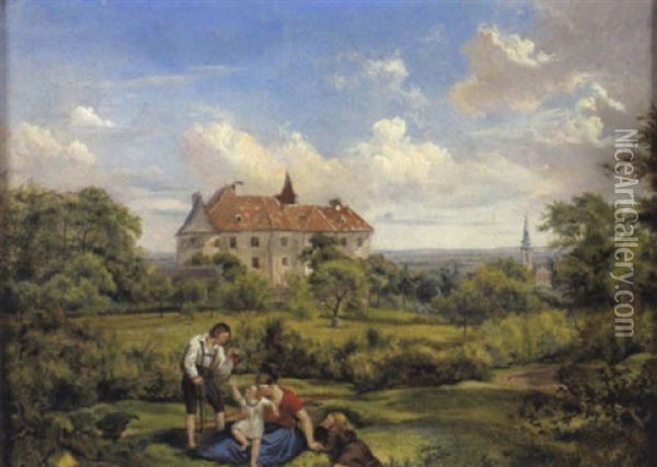 Familienidylle In Gartenlandschaft Oil Painting - Conrad Kreutzer