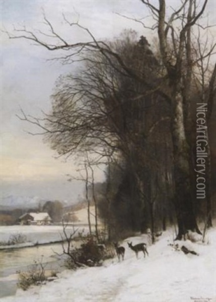 Rehe In Einem Verschneiten Tal In Den Voralpen Oil Painting - Anders Andersen-Lundby