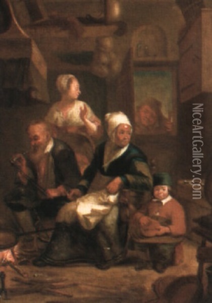 A Family Warming Themselves In Front Of A Fire Oil Painting - Justus Juncker
