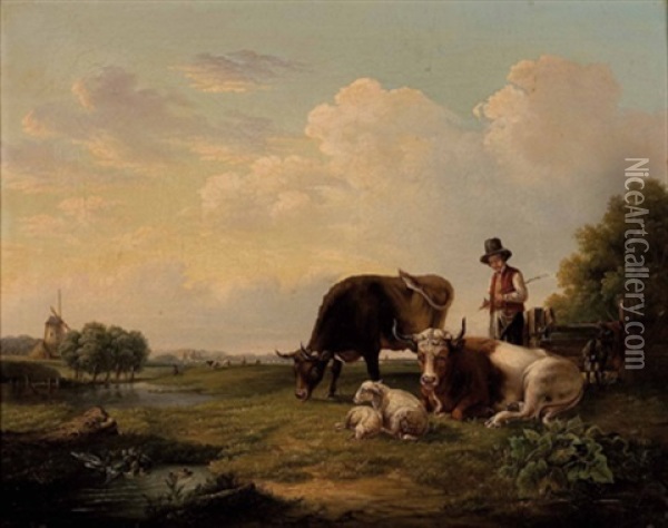 Hollandische Landschaft Mit Windmuhle Und Weidevieh Oil Painting - August Ferdinand Ottevaere