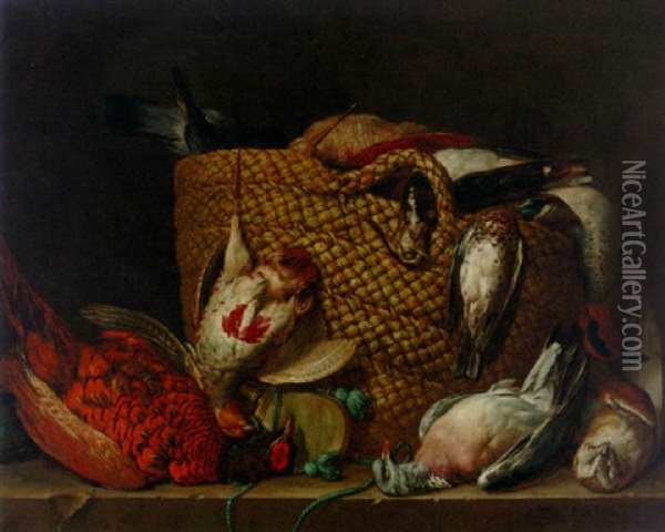 A Pheasant, Pigeon, Owl, And A Basket With A Partridge, Duck, Lapwing And Woodcock On A Ledge Oil Painting - Peter (Pieter Andreas) Rysbrack