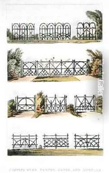 Coppice wood fences, gates and hurdles, from Ackermanns Repository of Arts, published 1823 Oil Painting - John Buonarotti Papworth