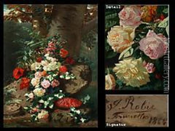 Blumenstilleben Und Himbeerschale Oil Painting - Jean-Baptiste Robie