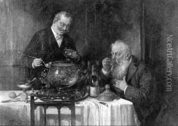 Zwei Herren Beim Ansetzen Der Weinbowle Oil Painting - Hans August Lassen