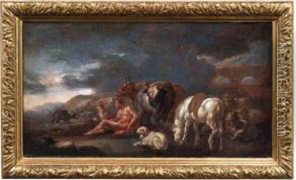 Rastende Hirten Mit Ihrem Vieh In Nachtlicher Landschaft Oil Painting - Domenico Brandi