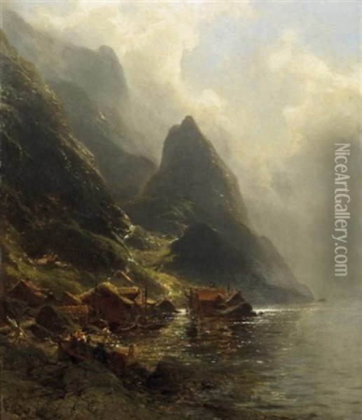 Anlandende Fischerboote In Norwegischem Fjord. Abendlicht Oil Painting - Carl August Heinrich Ferdinand Oesterley