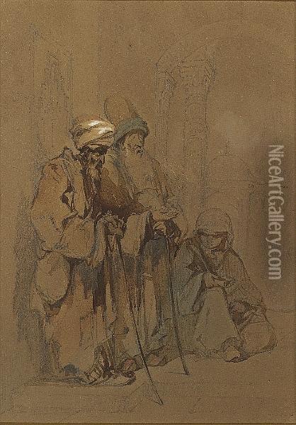 A Street Scene With Two Elderly Figures And A Female Beggar In The Street Oil Painting - Amadeo Preziosi