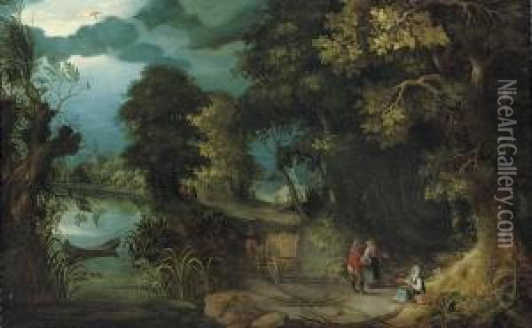 A Wooded River Landscape With A Woman Seeking Alms From Travellers Oil Painting - Abraham Govaerts