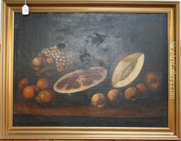 Still Life Study Of Grapes, Melon, Apples, Lemons And A Basket Oil Painting - Luis Eugenio Melendez