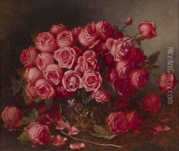 Still Life With Roses Oil Painting - Yuliy Yulevich (Julius) Klever