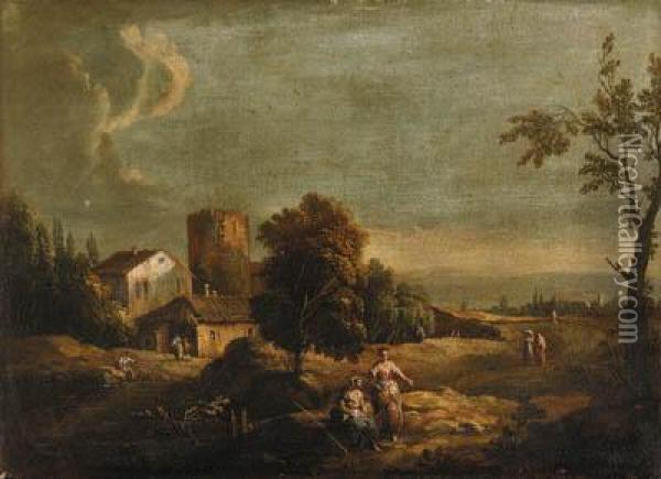 A Landscape With Peasants By A Ruined Tower Oil Painting - Franz Ferg
