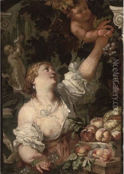An Allegory Of Abundance (circle Of Guilaume Courtois And Abraham Brueghel) Oil Painting - Abraham Brueghel