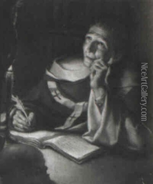 St. Jerome Scribing By Candlelight Oil Painting - James (Thomas J.) Northcote