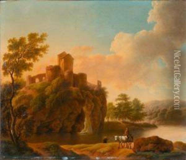 Gegenstucke: Zwei Flusslandschaften, Sonnenaufgang Und Sonnenuntergang. Oil Painting - Maria Dorothea Wagner