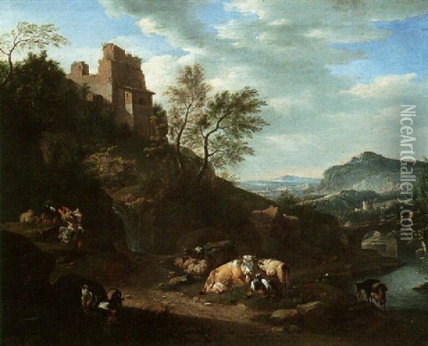 A Southern River Landscape With Children, Cattle, Sheep And Goats Oil Painting - Johann Heinrich Roos