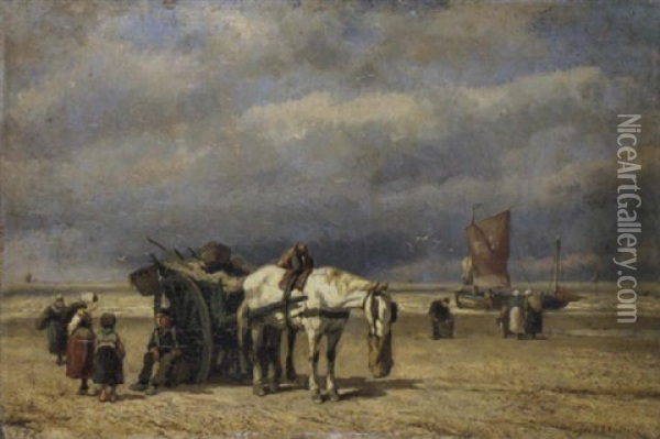Beim Entladen Des Fischfangs Oil Painting - Johannes Hermanus Barend Koekkoek