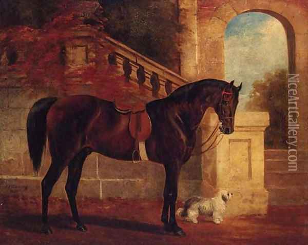 Adonis, a dark bay Hunter and Fido, a white Terrier, before a classical Terrace Oil Painting - John Frederick Herring Snr