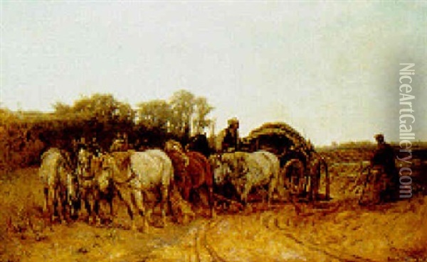 Hungarian Peasants With A Horse-drawn Cart Oil Painting - Adolf Schreyer