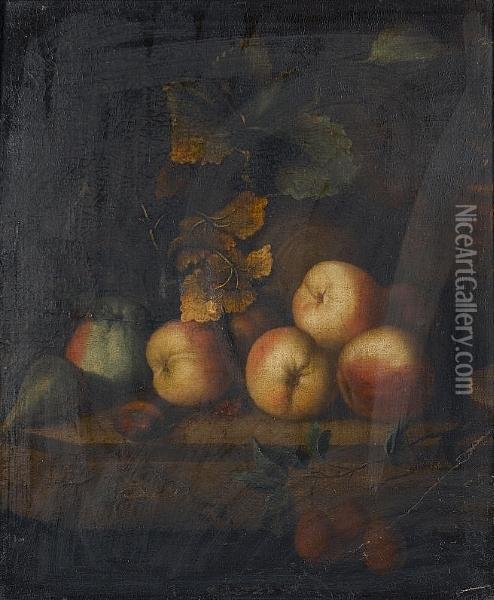 Peaches And A Fig With Plums On A Table Top Oil Painting - Heroman Van Der Mijn
