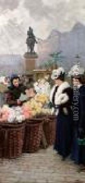 Two Elegant Ladies Buying Flowers At Hojbro Plads Oil Painting - Paul-Gustave Fischer