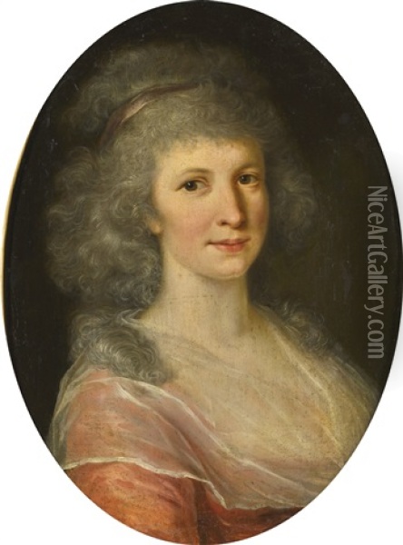 Portrait Of A Lady, Bust Length, In A Pink Dress Oil Painting - Johann Friedrich August Tischbein