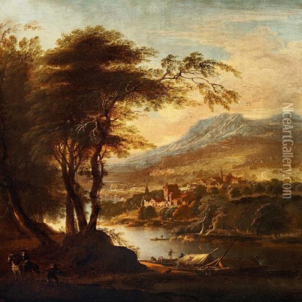 A Pair Of Romantic Landscapes Oil Painting - Johann Christian Vollerdt or Vollaert