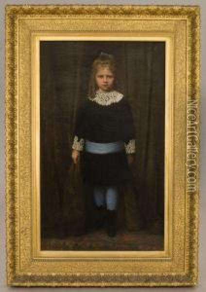 A Portrait Of A Young Girl Wearing A Blue Dress With White Lace Oil Painting - Edgar Parker