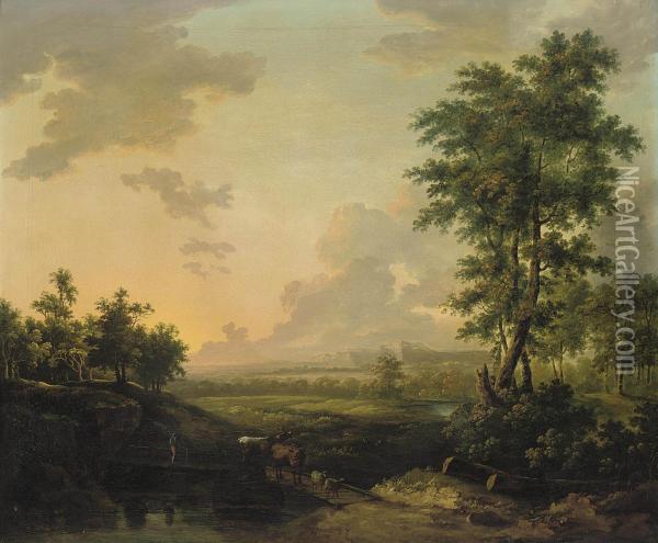 A Wooded River Landscape With A Drover Crossing A Bridge With Hiscattle Oil Painting - Jean Louis (Marnette) De Marne