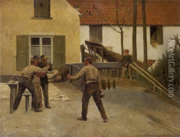 Les Jouers De Quilles Devant Une Ferme Oil Painting - C. J. van Landuyt