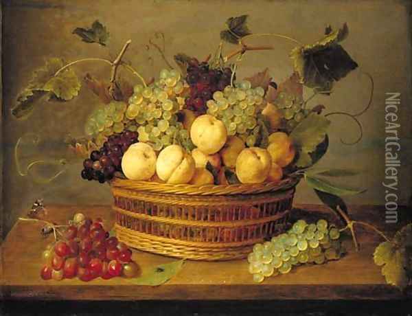 Grapes on the vine and peaches in a basket on a table, with a butterfly, beetle and fly on a wooden ledge Oil Painting - Jacob van Hulsdonck