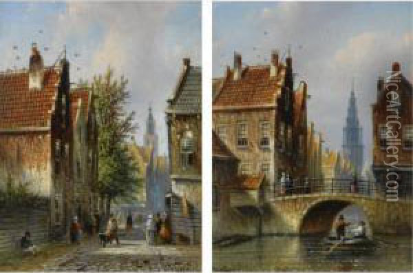 A View Of The Bloemstraat, Amsterdam; A View Of The Groenburgwal, Amsterdam (a Pair) Oil Painting - Johannes Franciscus Spohler