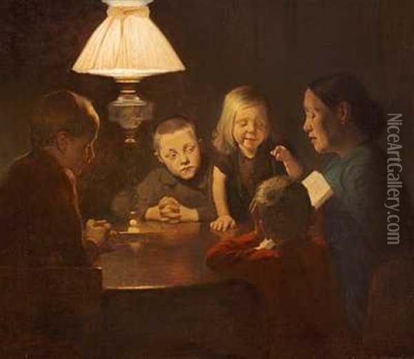 En Moder Laeser Hojt For Sine Born I Lampens Skaer Oil Painting - Carl Vilhelm Meyer