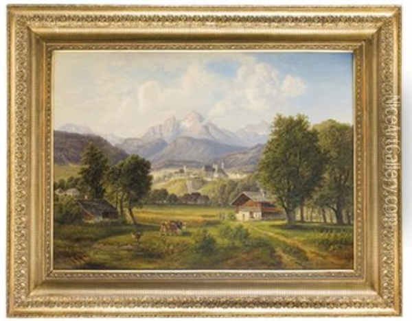 Weiter Landschaftsausblick Auf Berchtesgaden Mit Bauernhausern Und Dem Dahinterliegenden Gebirge Mit Dem Watzmann Oil Painting - Gustav Barbarini