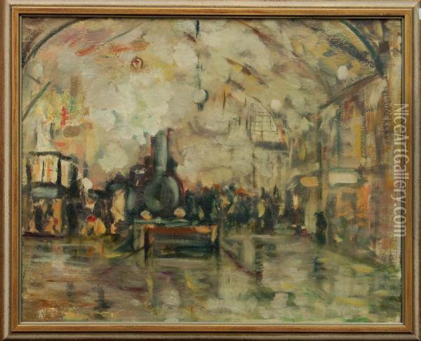 Dampflokomotive Im Bahnhof Oil Painting - Hans Baluschek