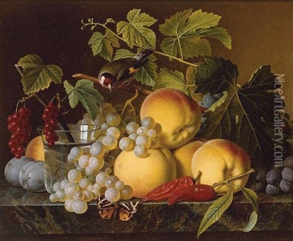 Still Life Of Peaches, Grapes, Plums, Peppers, And A Glass Of Water, All Resting On A Marble Ledge Oil Painting - Christiaen van Pol