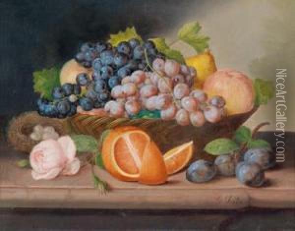 Fruchtestillleben Mit Rose Und Vogelnest Oil Painting - Georg Seitz
