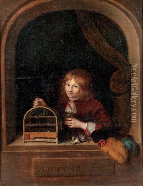 A Boy In A Feigned Niche Holding A Cage With A Song Bird Oil Painting - Willem van Mieris