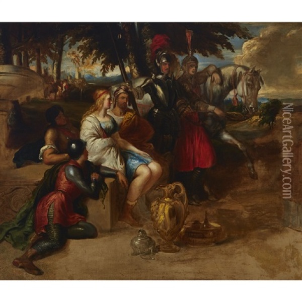 Couple Relating A Story To Soldiers With Biblical Relics Before Them In A Landscape With Roman Ruins Oil Painting - Daniel Maclise