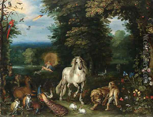 Animals and birds in the Garden of Eden, the Creation of Eve beyond Oil Painting - Jan Brueghel the Younger