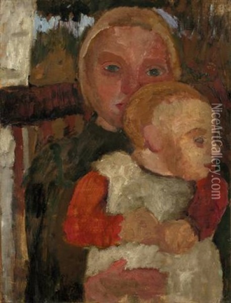 Auf Einem Stuhl Sitzendes Madchen Mit Kind Auf Dem Schoss Vor Landschaft Oil Painting - Paula Modersohn-Becker