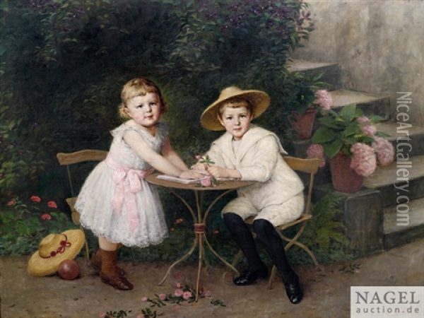 Bildnis Eines Geschwisterpaares Auf Einer Terrasse Oil Painting - Wilhelm Auberlen