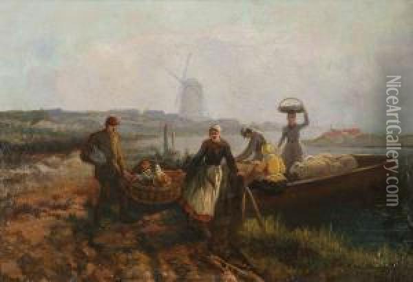 De Aankomst Van Het Veerbootje. Oil Painting - Johan Lodewijk Van Leemputten