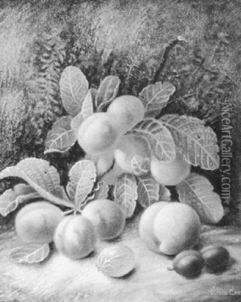 Plums And A Peach Oil Painting - Oliver Clare