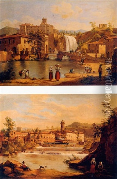 Washerwomen Beside A Waterfall With An Italian Town Beyond Oil Painting - Anton Sminck Pitloo