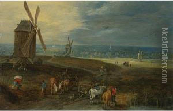 An Extensive Landscape With Travellers Before A Windmill Oil Painting - Jan Brueghel the Younger
