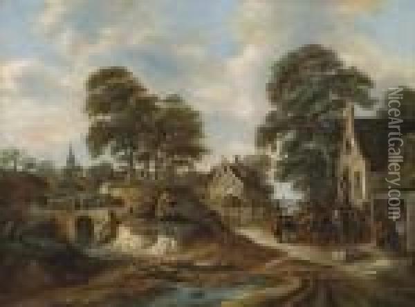 Landscape With A Village And Peasantgroups Oil Painting - Claes Molenaar (see Molenaer)