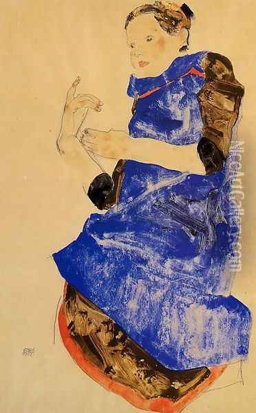 Girl In A Blue Apron Oil Painting - Egon Schiele