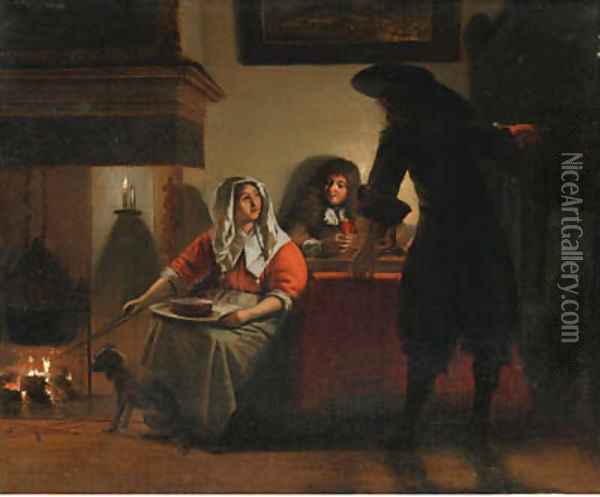 An interior with two gentlemen and a woman beside a fire Oil Painting - Pieter De Hooch