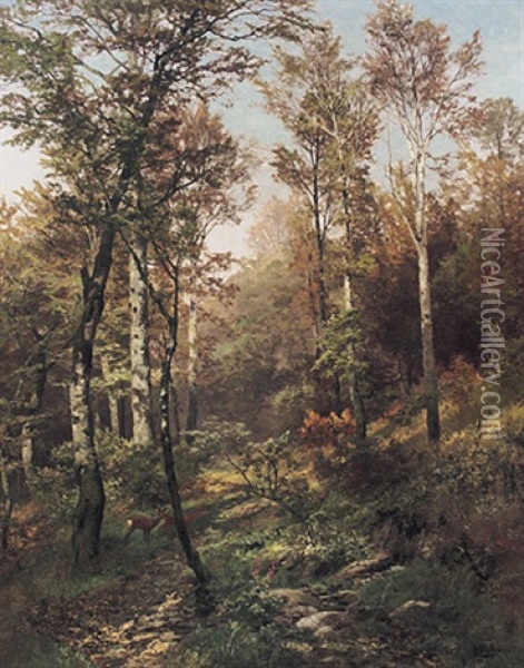 Herbstlicher Wald Mit Birken Und 2 Rehen Oil Painting - Heinrich Boehmer