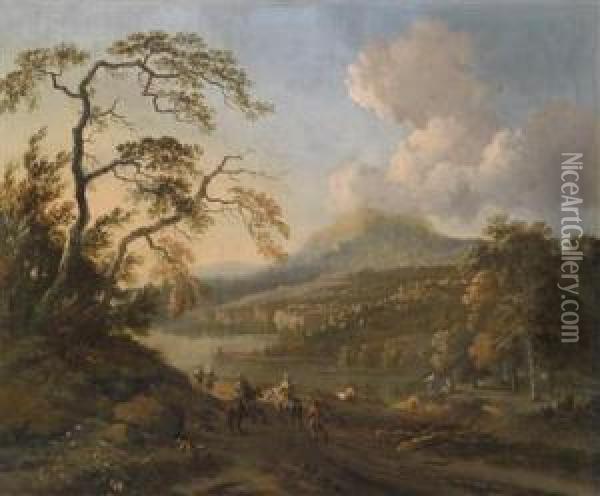 A River Landscape With A Hunting Party Oil Painting - Jan Wijnants